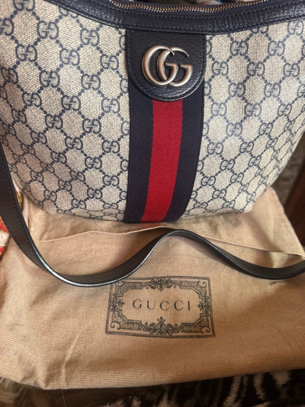 Gucci Beige Canvas Interior Tote with Navy Trim